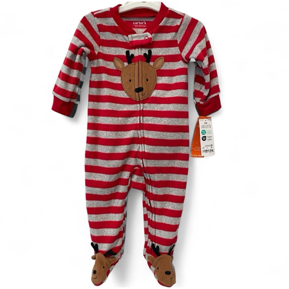 Carter’s Christmas Reindeer Striped Sleeper Pajamas – Gray/Red – 6M Toddler